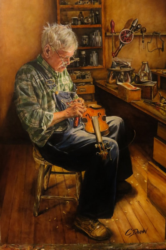 Oil Painting of a Fiddle maker, old world craftsman, at work in his workshop. There are hand tools on the countertop. He wears a flannel shirt and bib overalls. 
