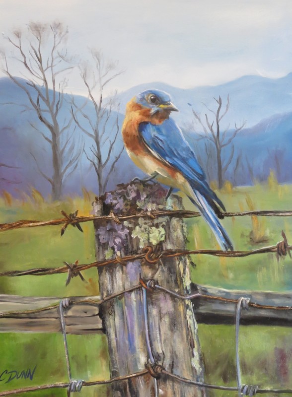 Painting of Bluebird on Fencepost in oil and silver leaf by Cristy Dunn